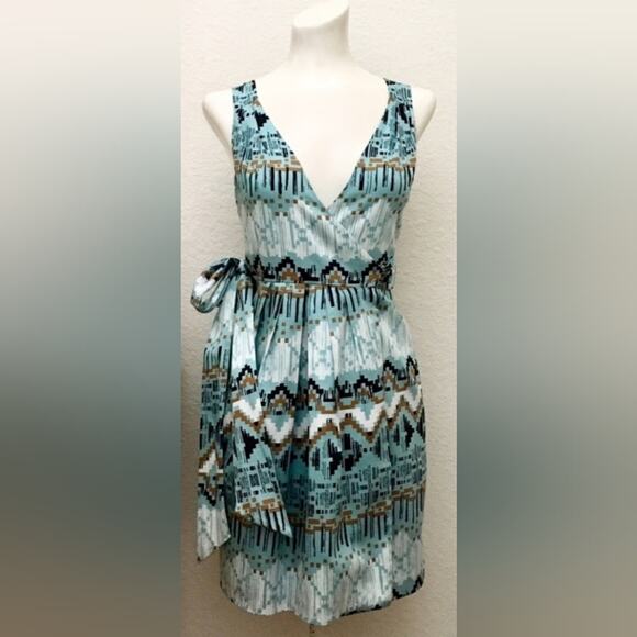 BCBGeneration Blue Multi-Colored Wrap Sleeveless Dress Size 10 Aztec Western - Picture 1 of 9